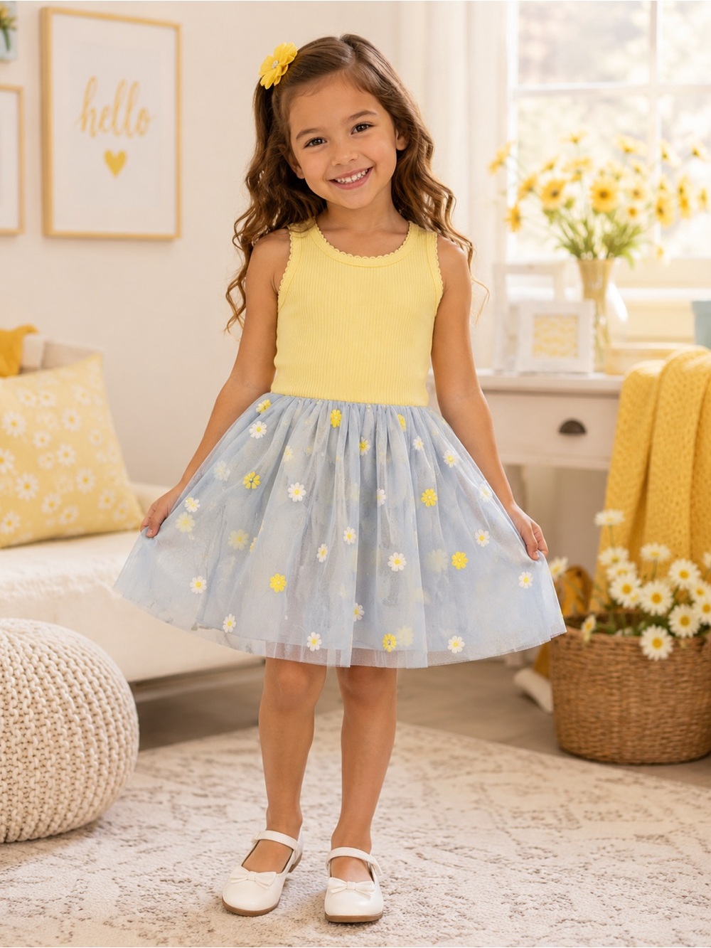 Cat & Jack Yellow Ribbed Tank Dress with Light Blue Daisy Tulle Skirt